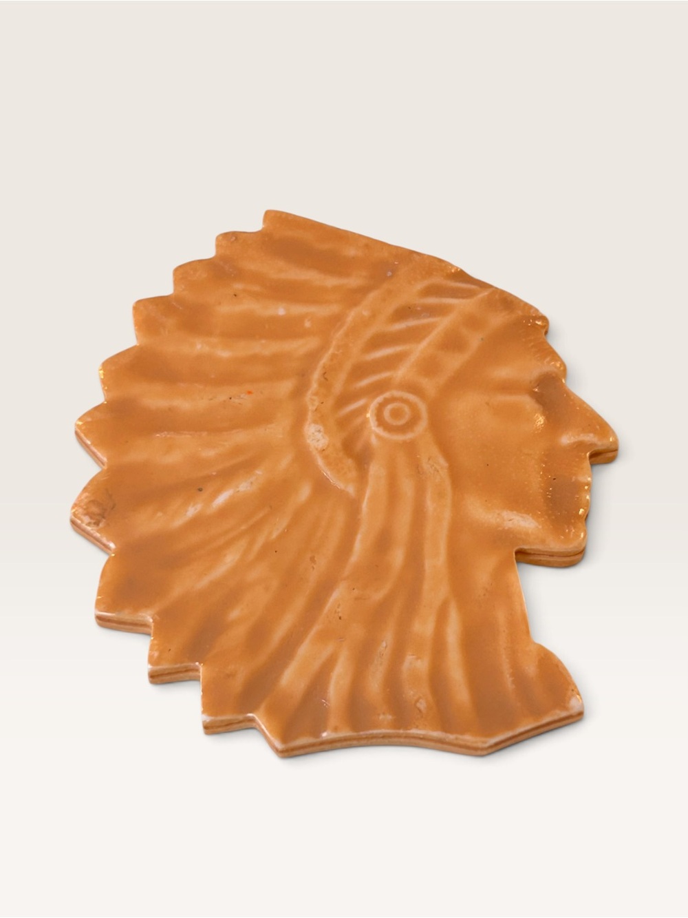 Vintage Ceramic Native American Chief Profile Brooch 1940s–60s, Caramel Glaze